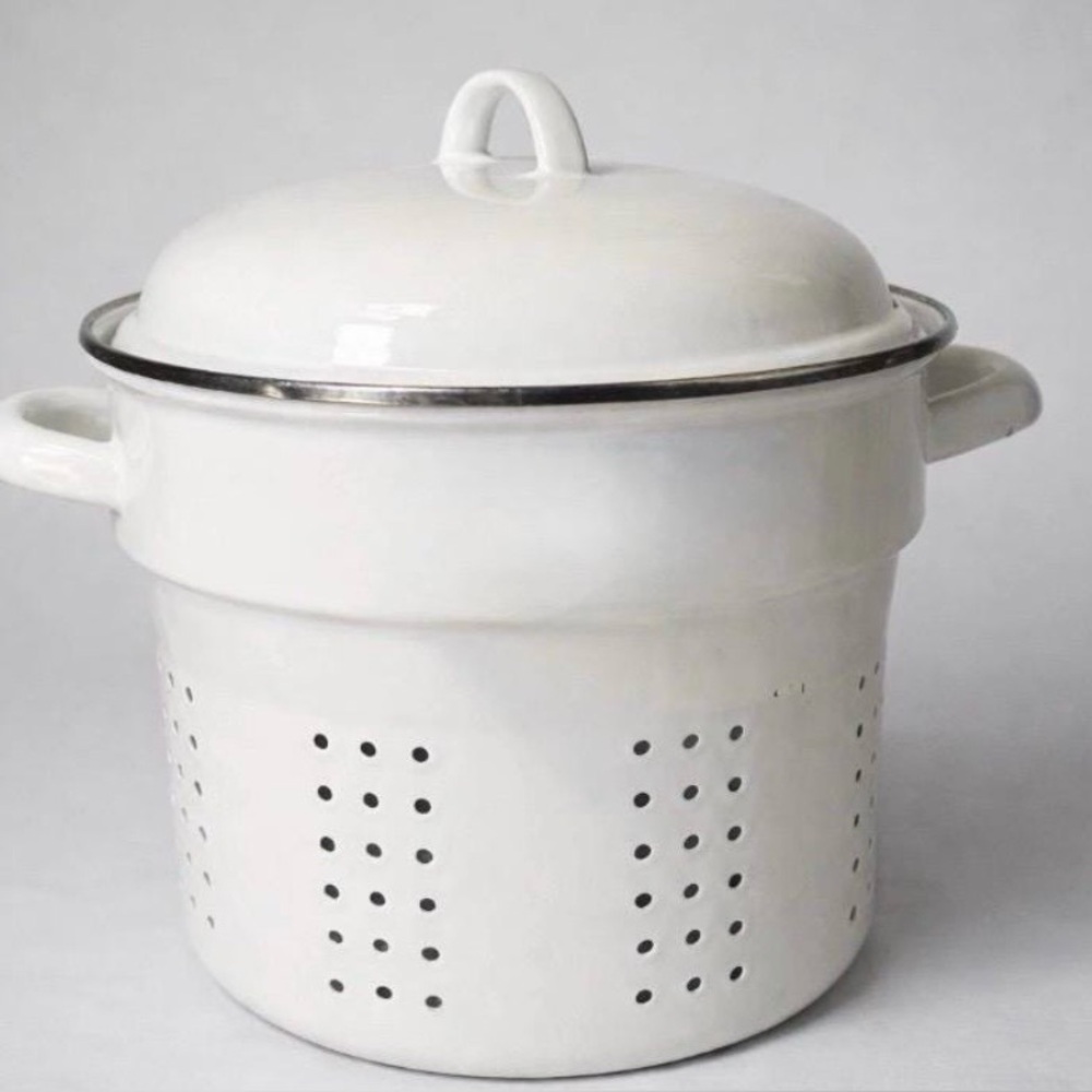 Vintage White Enamel Steamer Pot with Lid - Kitchen Cookware